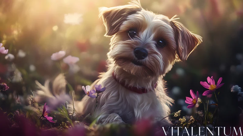 Terrier in Wildflower Garden: Soft Light Digital Illustration.