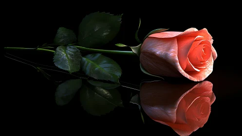 Two Red Roses with Lush Green Leaves on Black