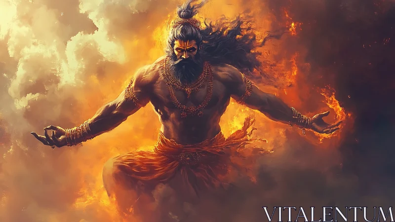 Mythic fire deity in dynamic central composition digital painting.