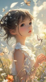 Ethereal girl watches butterflies drift through golden light.