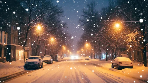 Snowy urban street shows parked cars and lit streetlights