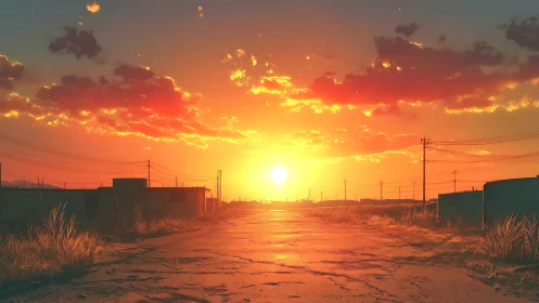 Sunlit rural roadway under vivid stratocumulus sunset sky