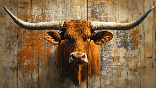 Longhorn bull portrait on distressed rustic timber backdrop.