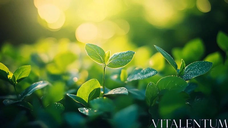 Morning light bathes fresh green leaves with dewdrops.