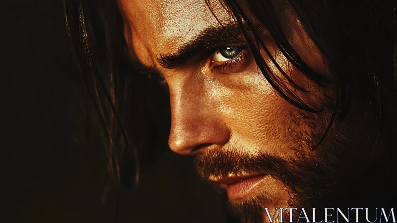 Storm-lit gaze of a rugged wanderer in molten amber light.