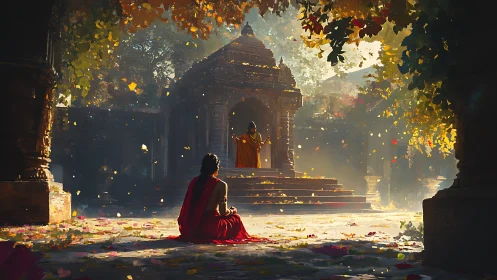 Morning petals listen as silent disciples meet the temple