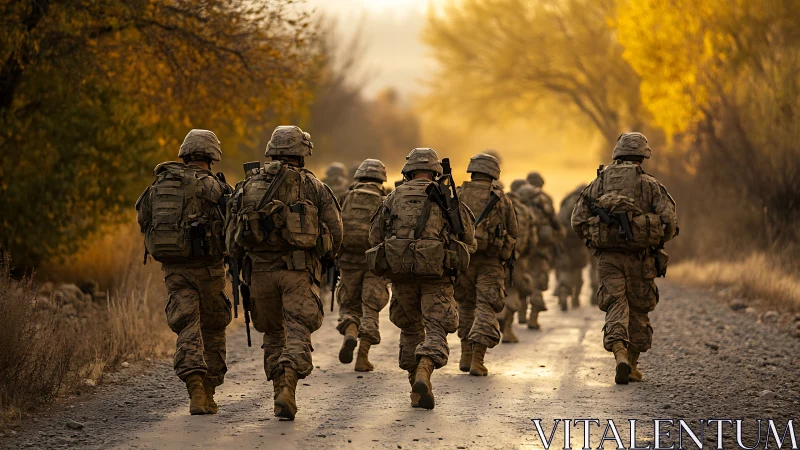 Infantry patrol moving along rural dirt road at dusk.