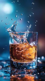 Golden Whiskey Glass with Dynamic Splash Impact.