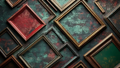 Geometric array of empty vintage frames on corroded wall.