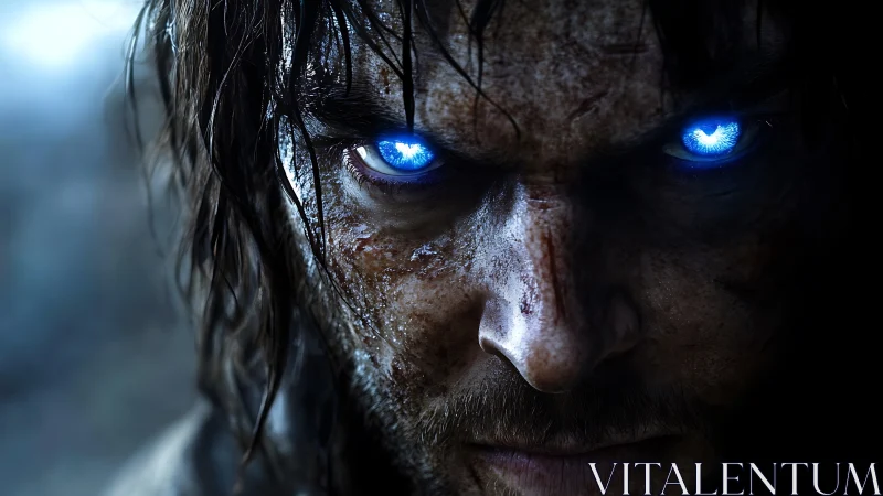 Storm-lit warrior&rsquo;s gaze brimming with fierce blue power.