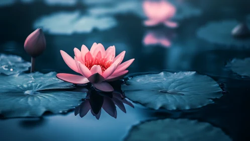 Pink water lily floating on dark reflective pond surface with foliage