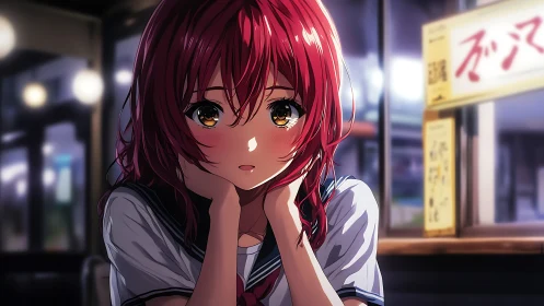 Red haired schoolgirl in cafe at night looking thoughtful.