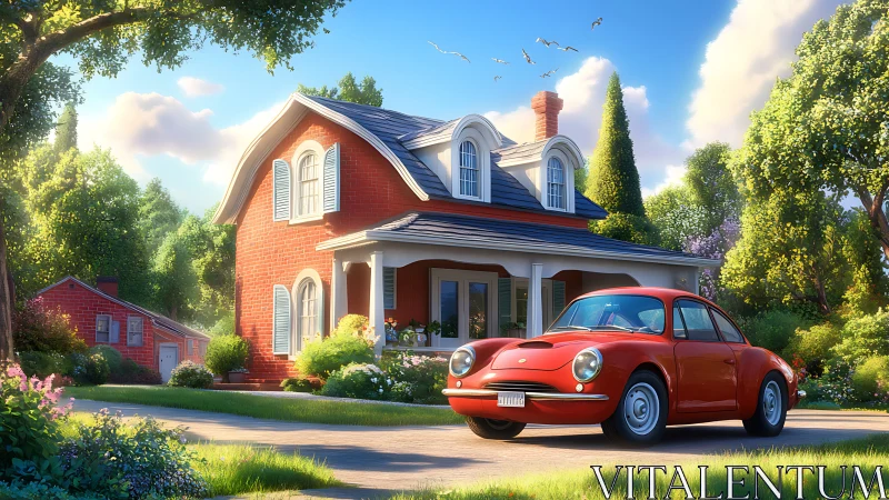 Sunny red cottage and cheerful vintage car at home.