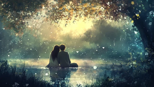 Two figures sit beside water under glowing forest canopy