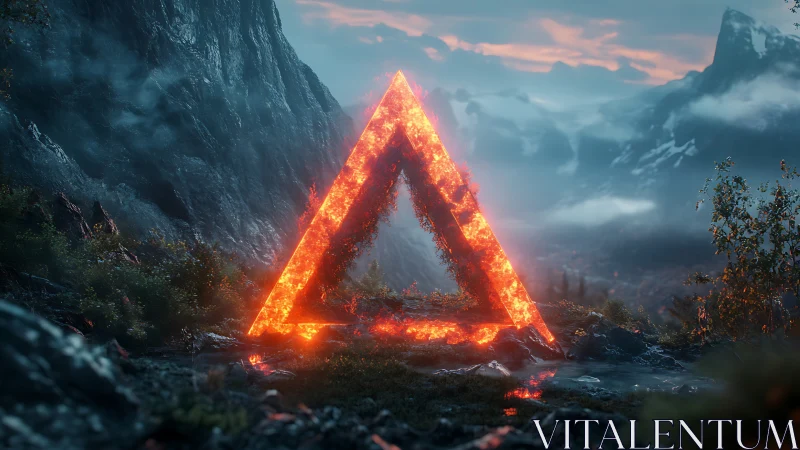 Glowing lava triangle ignites a misty mountain valley at dusk.