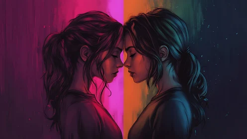 Dual portrait of mirrored women in neon split complementary light