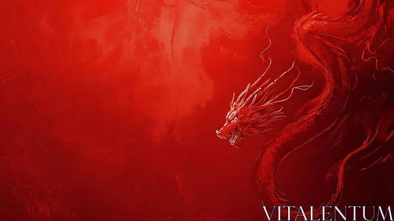 Digital painting of coiled crimson dragon on red field.