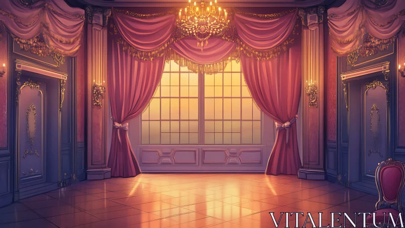 Opulent ballroom glows in sunset-lit royal drapery.