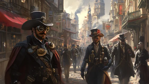 Steampunk costumed figures walking through dense city street.