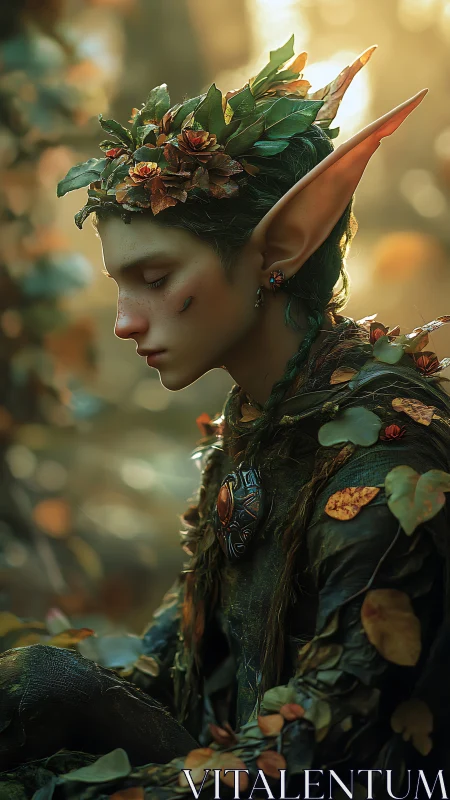 Elf-like forest figure with leaf adornments in profile view.