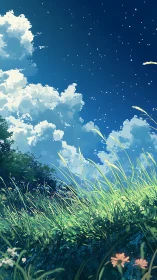 Sunlit summer meadow tilts beneath deep cerulean sky