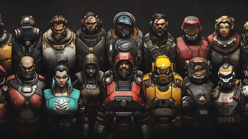 Armored sci fi heroes lineup in tactical exosuit portraits.