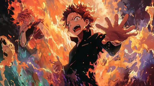 Panicked schoolboy reaches through roaring abstract firestorm