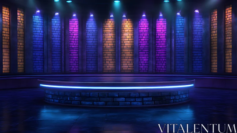 Circular stage with multicolored brick wall lighting backdrop.