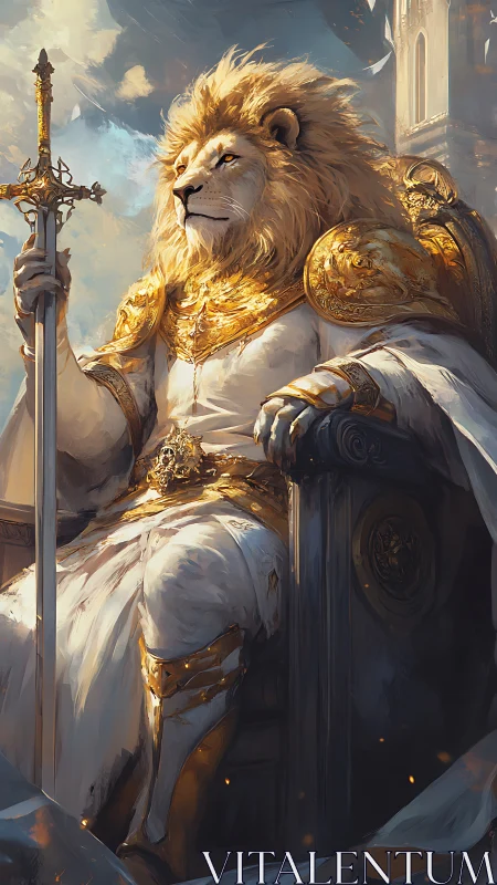 Regal lion king in baroque gold armor seated on a monumental throne