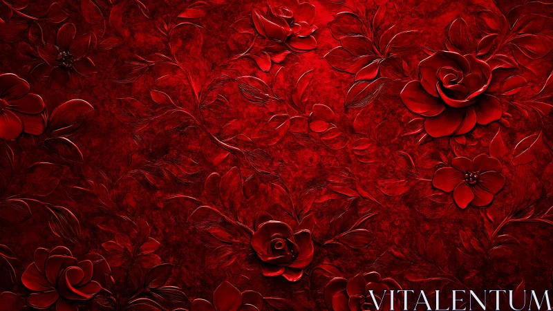 Monochromatic Deep Crimson Floral Relief with Embossed Sculptural Depth