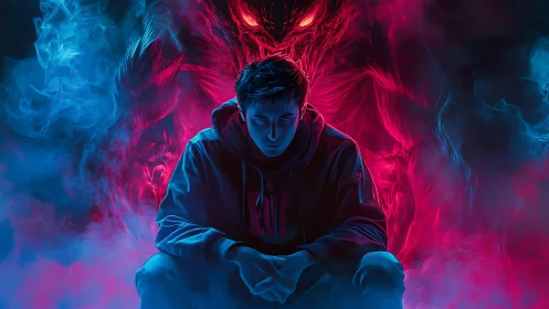 Storm-lit young hero confronts his shadowy inner demon