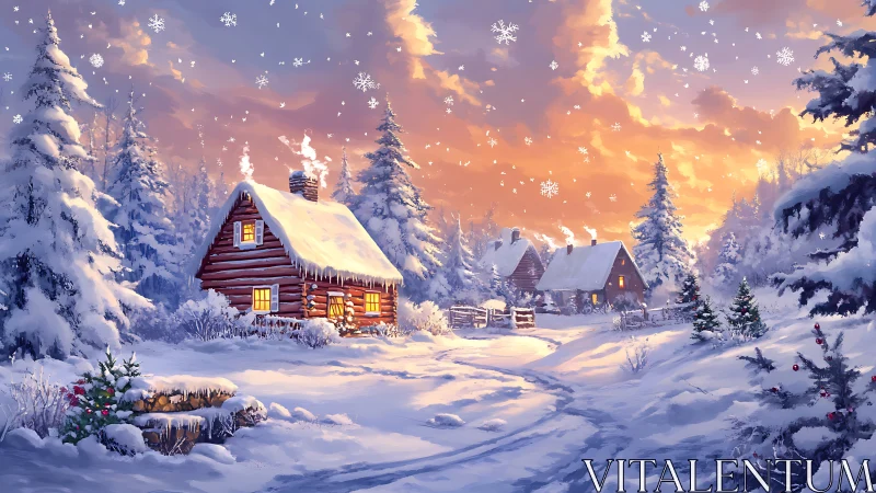 Snow covered log cabins under glowing winter sunset sky