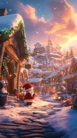 Snowy Christmas village street with Santa and gifts at dusk.