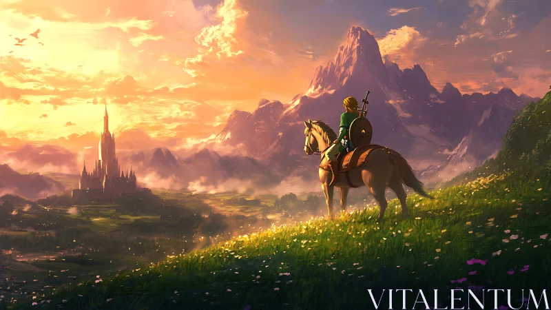 Heroic rider surveys sunlit fantasy valley with distant citadel