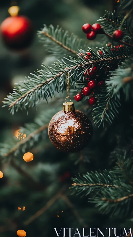 Shallow‑focus macro view isolates glitter ornament on fir bough