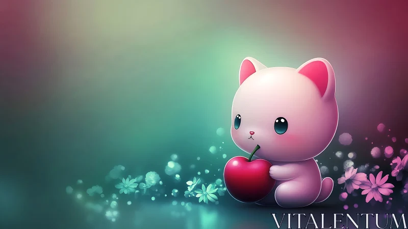 3D Rendered Chibi Cat Character Holding Red Apple Against Bokeh.