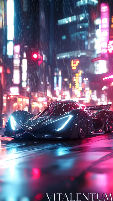 Futuristic hypercar glides through neon city rain at night.