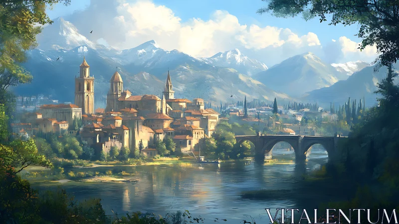 Sunlit riverside hilltown below snow-capped alpine range.