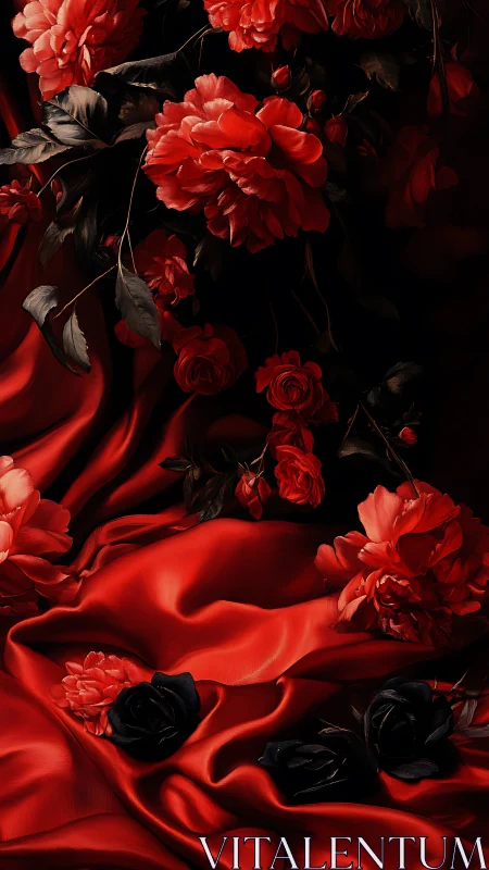 Crimson Daydream: Peonies Against Velvet Darkness.