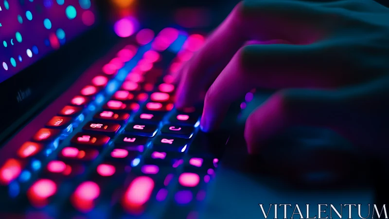 Neon backlit keyboard glows as hands type at high speed.