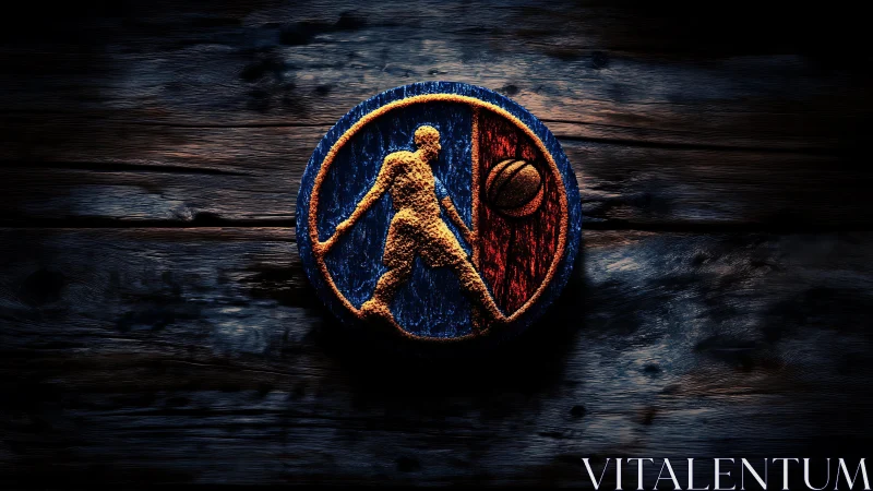 Textured hoop legend strides through glowing circular badge