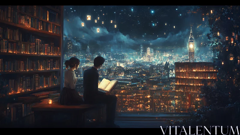 Nocturnal library lookout over luminous storybook cityscape.
