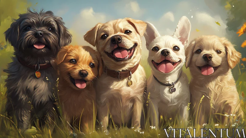 Smiling puppies line sit in sunlit meadow portrait.