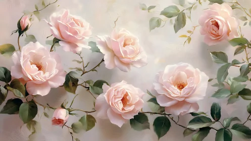 Pink garden roses with green foliage on neutral background