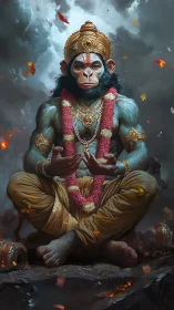 Divine simian deity meditates amid storm and falling embers