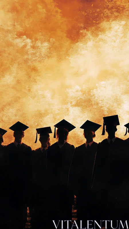 Silhouetted Graduates Against Golden Sky.