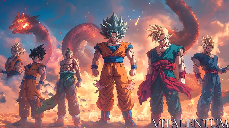 Heroic anime warriors stand aligned before celestial dragon