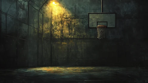 Midnight hoop under rusted light in a rain-washed cage court.