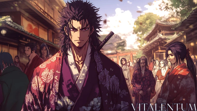 Storm-eyed samurai walks through a festival of wary ghosts