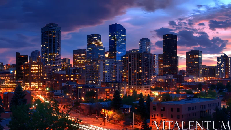 Glowing city skyline wrapped in deep blue evening light.